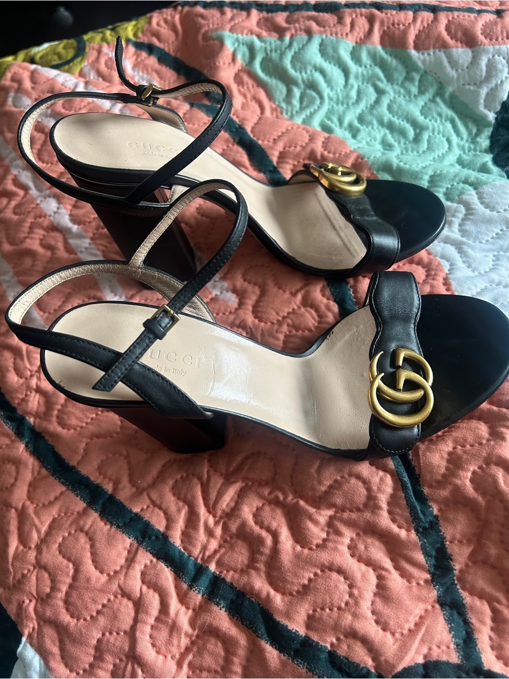 Gucci Black Leather Heeled Sandals with Gold Double-G Accent